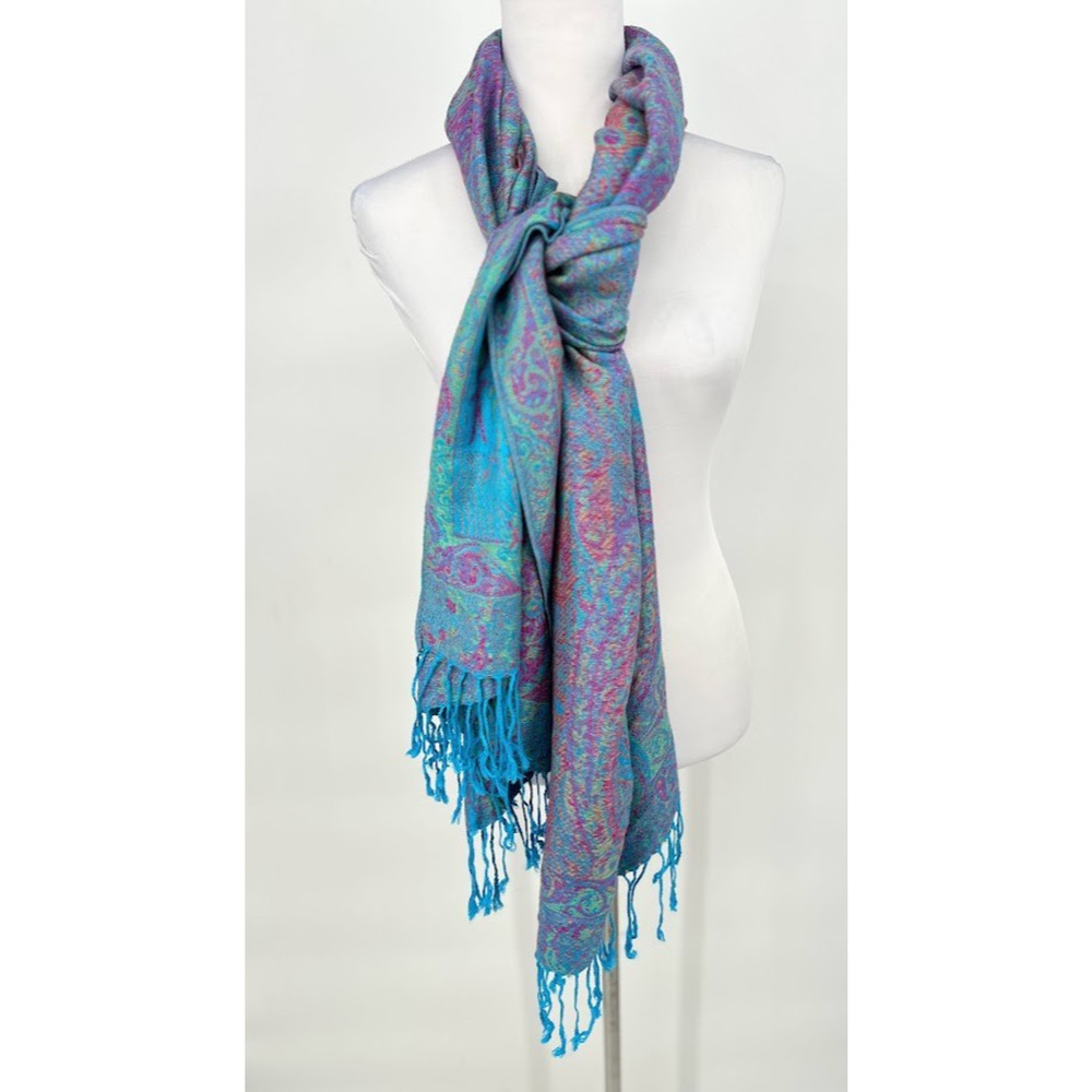PASHMINA 100% Pashmina Shawl‎ Wrap Scarf Blue Pink Green Fringe 72"X26"